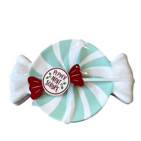Peppermint Candy Shaped Appetizer Plate Set of 4 Holiday Mint & White Melamine - Picture 12 of 15